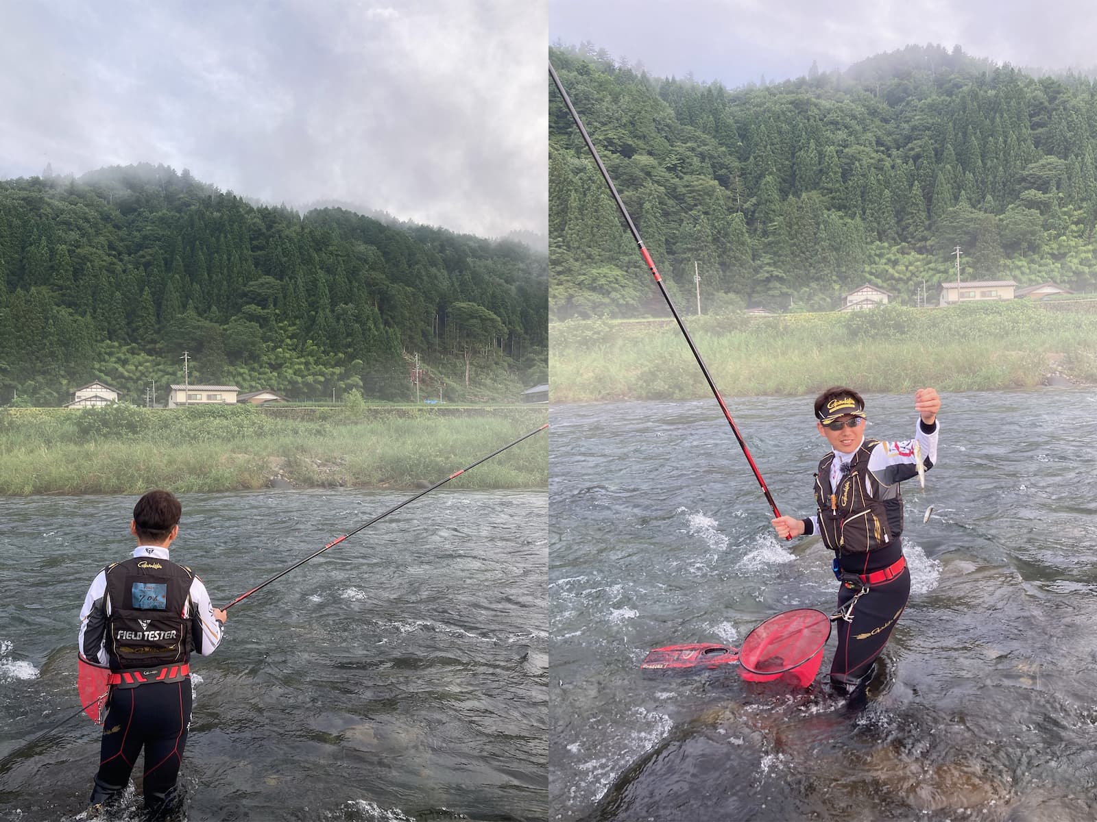 左：アカを狙って攻める長谷川さん　右：小さな鮎を釣り上げた長谷川さん