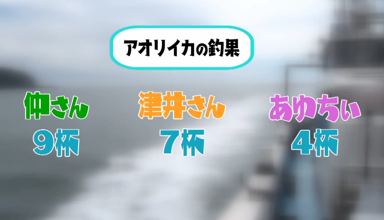 【アオリイカの釣果】仲さん：9杯、津井さん：7杯、あゆちぃ：4杯